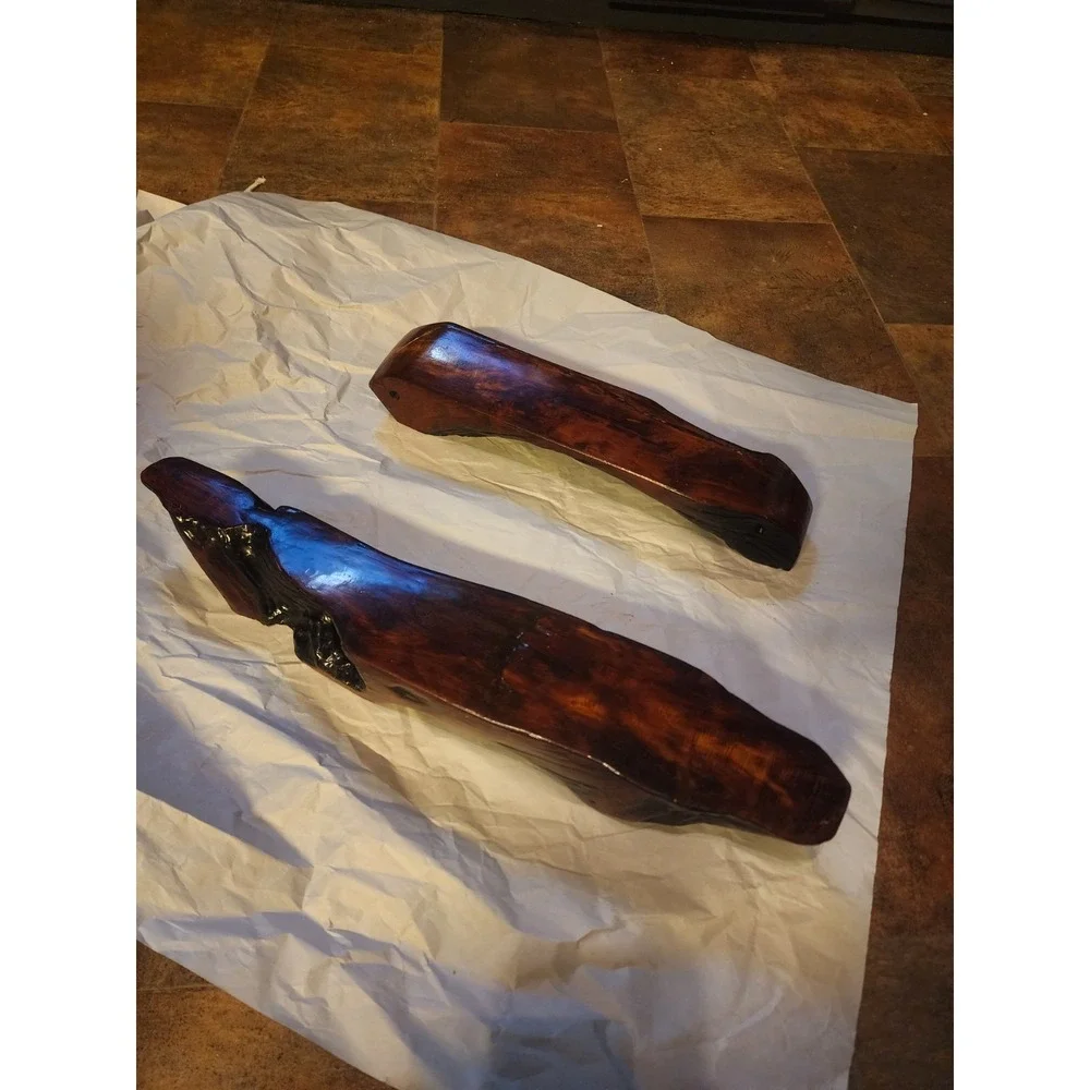 Vintage Set Of 2 Live Edge Red Wood Wall Mounted Floating Mantel Shelves Burl